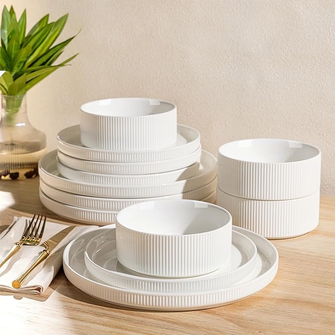 Ceramic Dinnerware Set for 4, 12-Piece Plates and Bowls Set | Lightweight by TheTerra