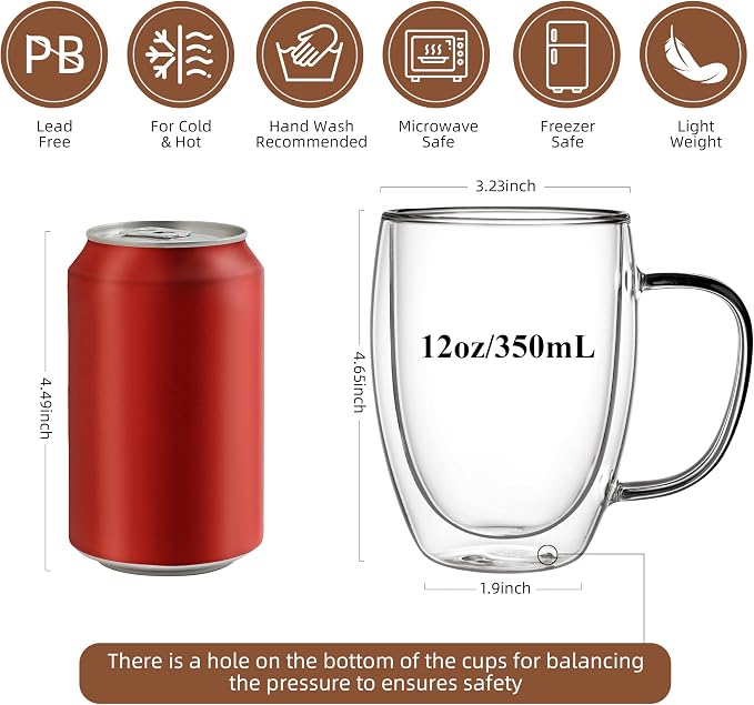 CNGLASS 12oz Double Walled Glass Coffee Mugs, Insulated Glass Mugs - Image 2