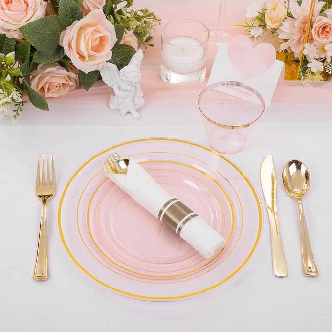 WELLIFE 210Pcs Clear-Pink Plastic Dinnerware- Pink and Gold Plastic Dinnerware - Image 3