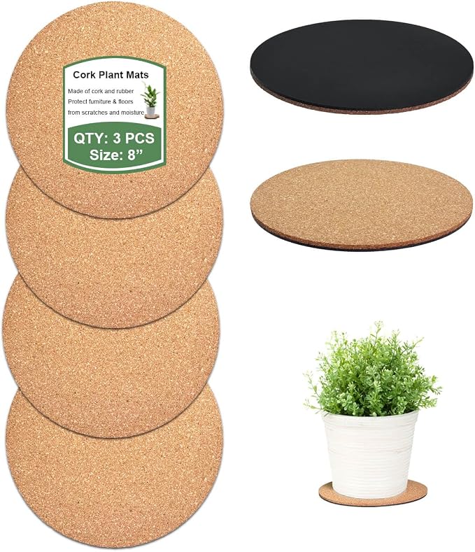 8 Inch Cork Plant Coasters, 3 Pack Round Plant Mats by vensovo