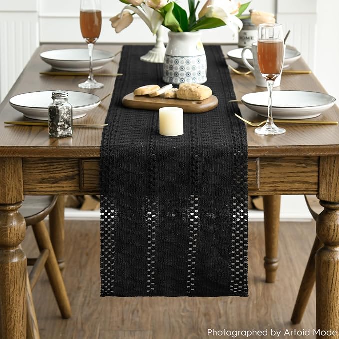 Artoid Mode Black Woven Farmhouse Hollow Table Runner 12x108 Inch | Holiday - Image 3
