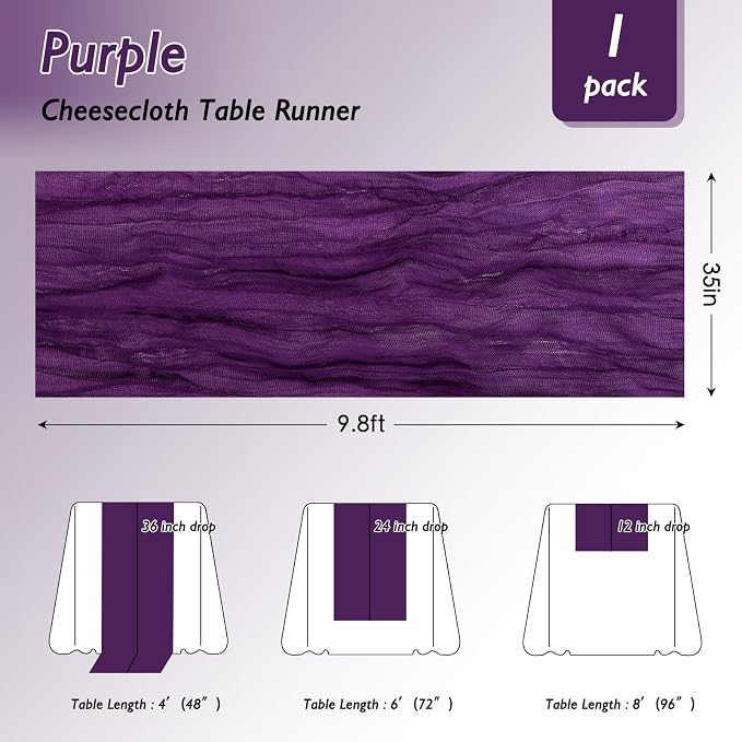 3 Pack Purple Cheesecloth Table Runner 120 Inch Boho Wedding Decor | - Image 2