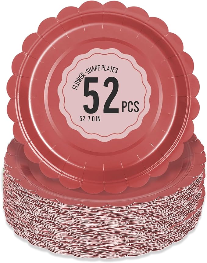 52 Pcs Red Paper Plates 7 Inch Scalloped Dessert Plates by Polinook-TheAnswerToEveryClutteredSpace