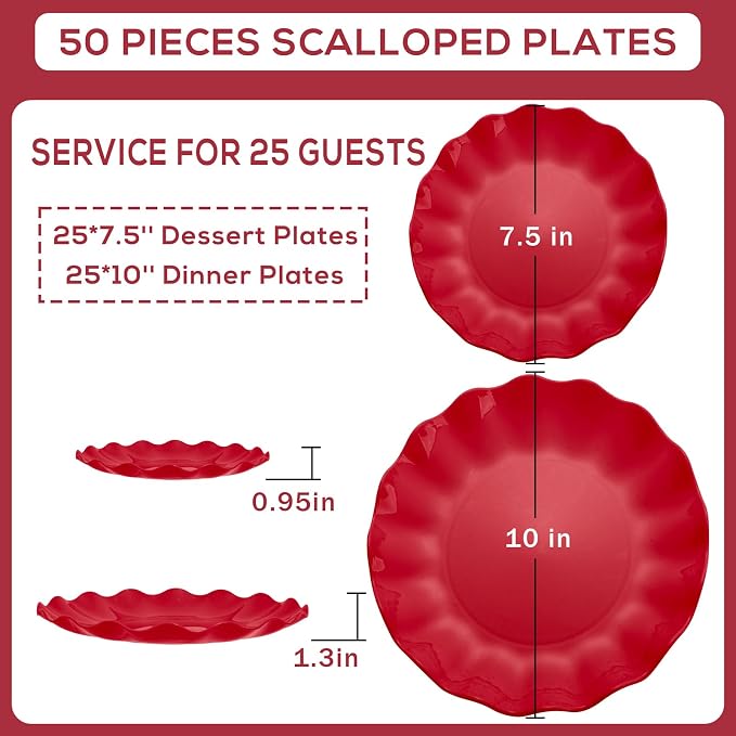 LIYH 50 Pcs Red Plastic Plates Reusable Christmas Plastic Plates Unbreakable - Image 3