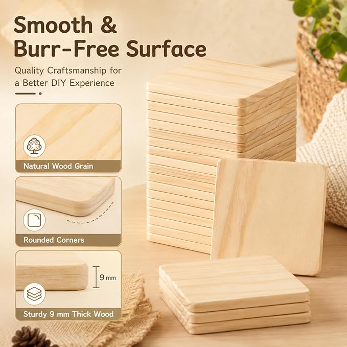 CYEAH 50 Pack Unfinished Square Wood Coasters, 4 Inch Blank Wooden Coasters - Image 4