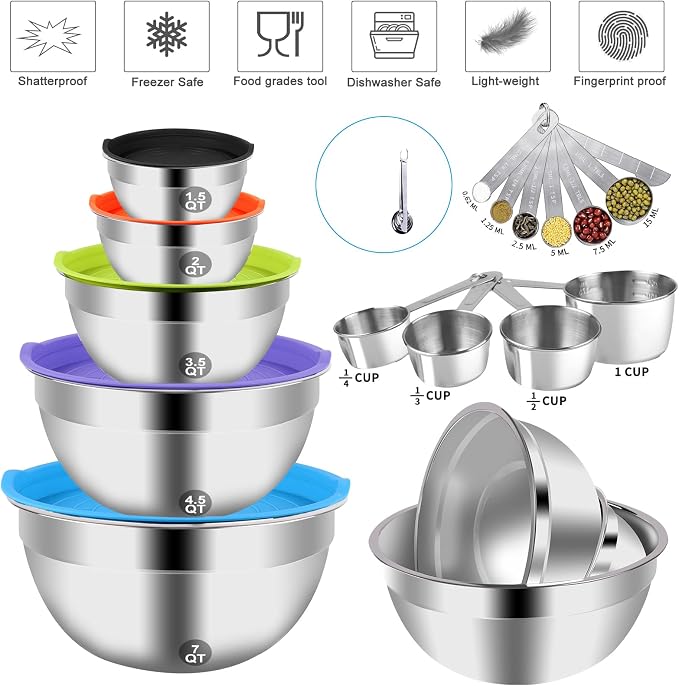 WEPSEN Mixing Bowls with Lid Set, Measuring Cups and Spoons, Egg Whisk - Image 7