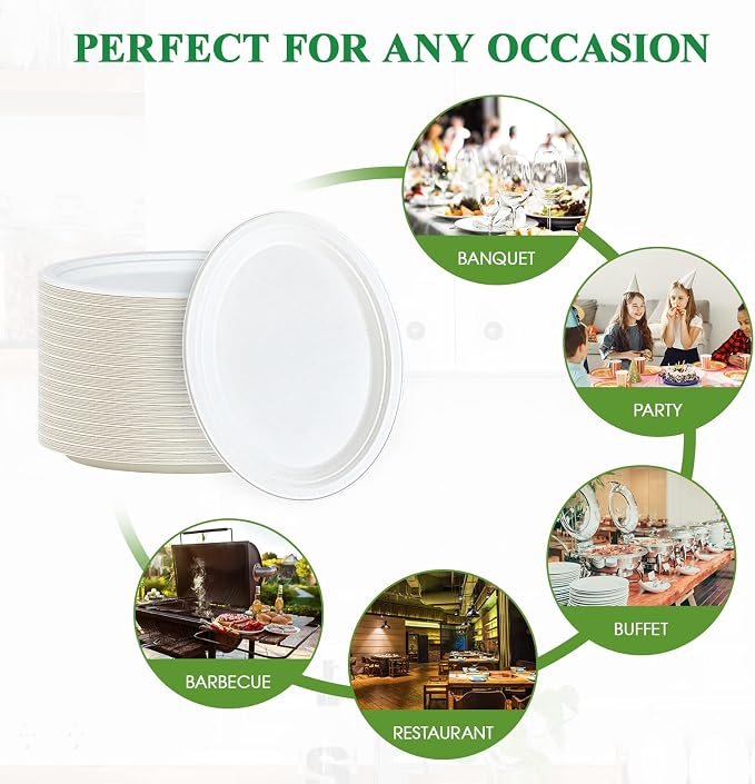 Vplus 100% Compostable Oval Paper Plates 12 inch 125 Pack, Disposable Paper - Image 6