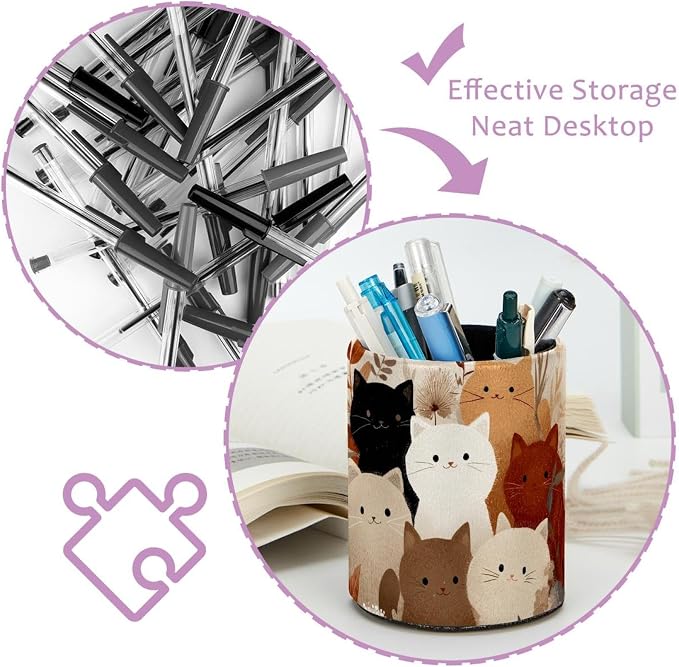 Leather Pen Holder for Desk, Colored Cats Pattern Pencil Cup Pen Organizer - Image 4