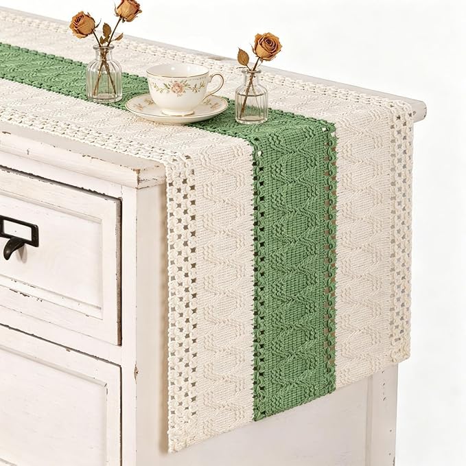 Ivory & Sage Boho Table Runner Macrame Woven Table Runner 12x60 Inch | Small - Image 2