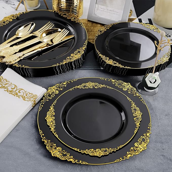 350 Pcs Black Gold Plates for Graduation | Black Party Plates Set for 50 Guests - Image 3