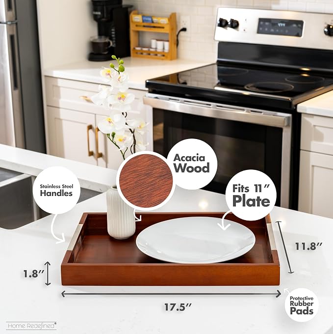 Acacia Wood Serving Tray with Silver Stainless Steel Metal Handles, 17.5x12 - Image 3