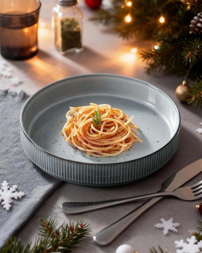 famiware Star 8.25" Pasta Bowls Set of 6, Bowl Plates, Smoky Blue | Microwave & - Image 3