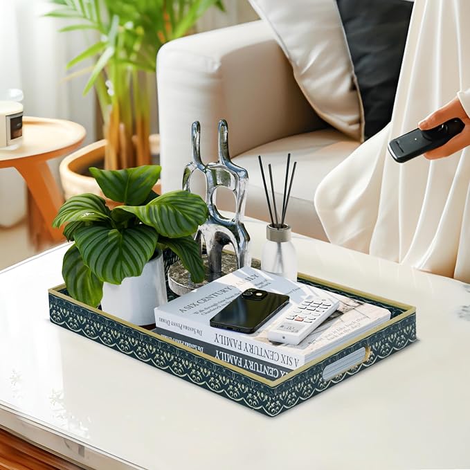 Plastic Serving Tray with Handles, Rectangle Boho Tray, Dark Green | Coffee - Image 5