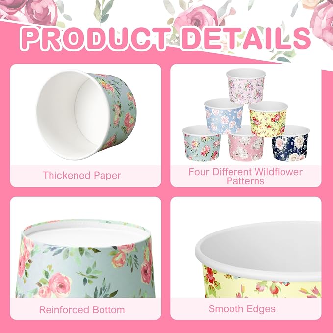 CHENGU 60 Pcs Floral Snack Cups 9 oz Disposable Floral Paper Dessert Bowls - Image 7