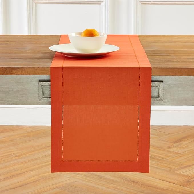 Solino Home Cotton Linen Table Runner Burnt Orange Hemstitch, 14 x 72 in | by SolinoHome