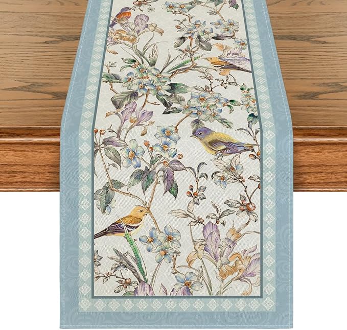 Artoid Mode Blue Birds Flowers Blossom Table Runner, Seasonal Spring Floral - Image 8