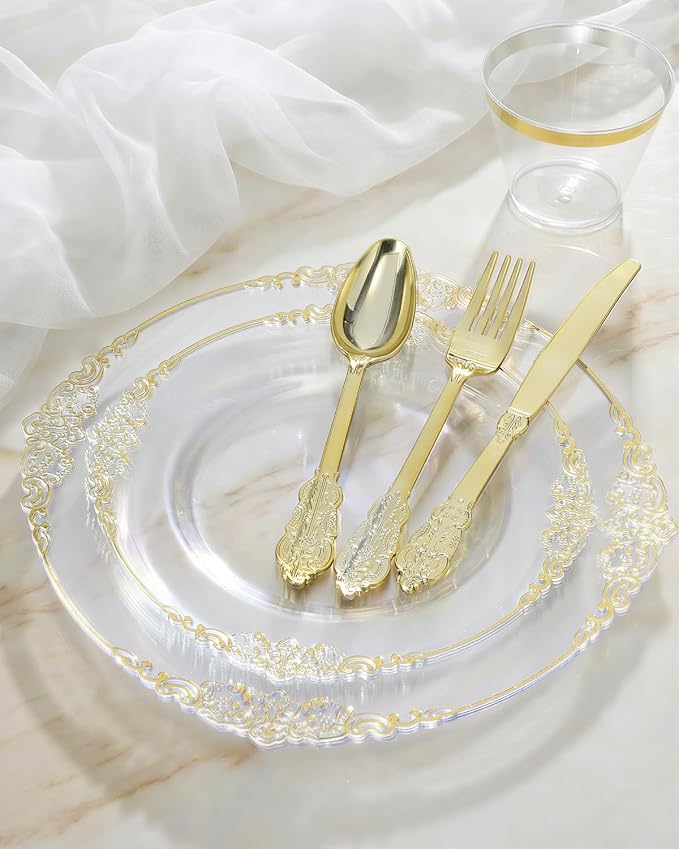 350 Piece Clear Gold Plastic Dinnerware Set - Image 4