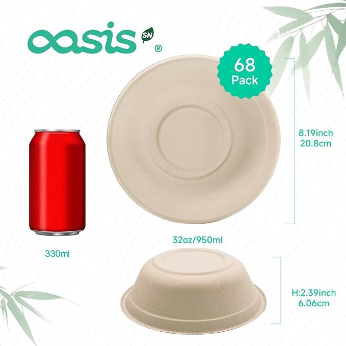 32 oz 68-Pack Large Compostable Paper Bowls, Disposable Meal Prep & Takeout - Image 2
