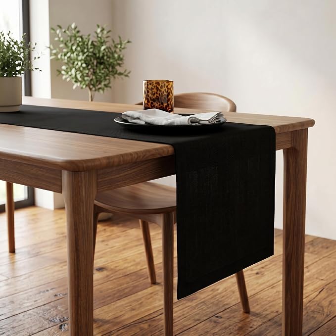 Solino Home 100% Pure Linen Dining Table Runner Black, Fete 14 x 90 in Long | - Image 2