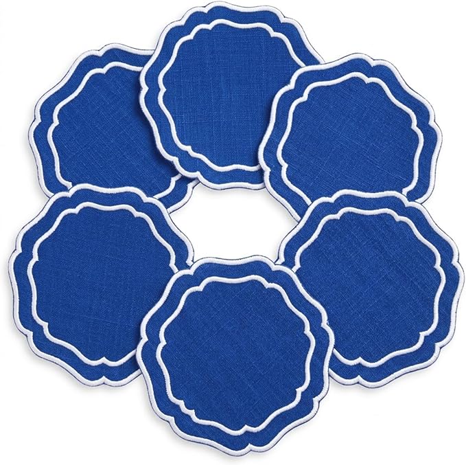 Linen Drink Coasters, 4.5 inch, Royal Blue | Absorbent Linen Drink Mats by EmbroideryLinenVN