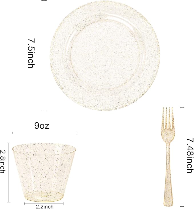 WELLIFE Gold Glitter Plastic Plates, 50 cups and 50 forks - Image 2