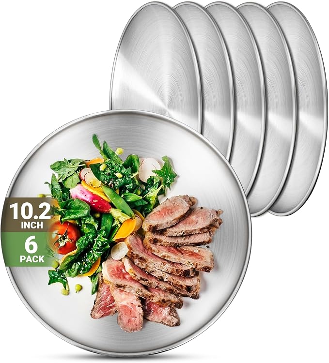 Metal Dinner Plate, 6 Pack 10.2 inch 304 Stainless Steel Plates, Reusable lunch by Offiper