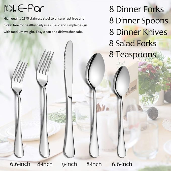 Silverware Set, 40-Piece Flatware Set, E-far Stainless Steel Eating Utensils - Image 7