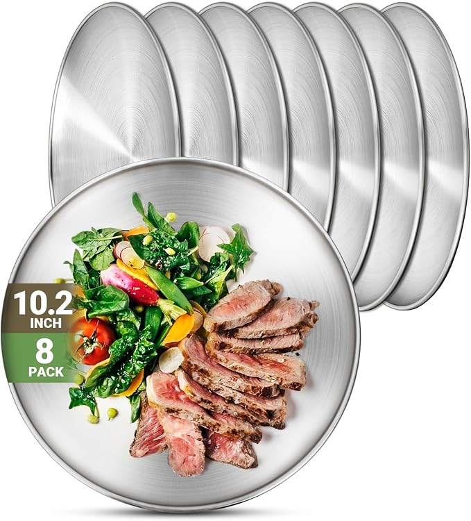 Metal Dinner Plate, 8 Pack 10.2 inch 304 Stainless Steel Plates, Reusable lunch by Offiper