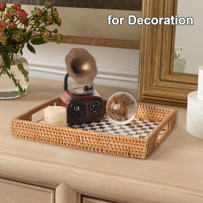 Rectangle Rattan Tray with Mother of Pearl Inlay, Rattan Serving Tray with - Image 7