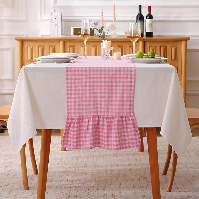 Pink White Plaid Gingham Ruffle Table Runner 120 inches Long Christmas 100% by KMASANIJI