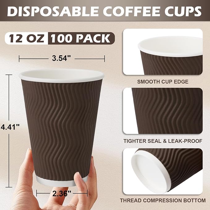 Clawsoff 100 Pack 12 oz Disposable Paper Coffee Cups Insulated Brown | - Image 2