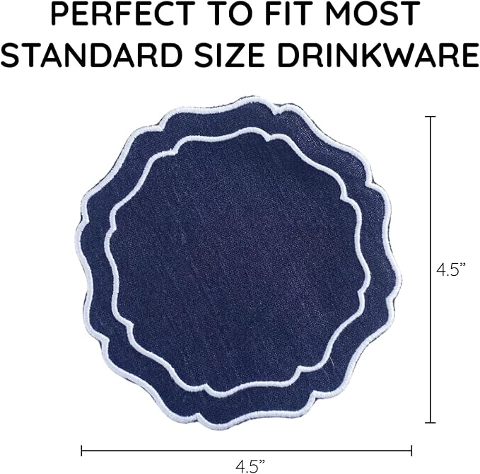Linen Coasters for Drinks, 4.5 inch, Scalloped Edge, Reusable Handmade Coffee - Image 3