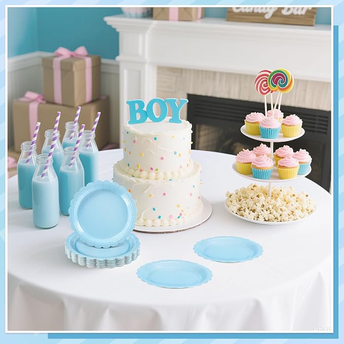 NatNarr 30 Pk Blue Dessert Cake Plates 7" Scalloped Light Blue Paper Plates | - Image 7