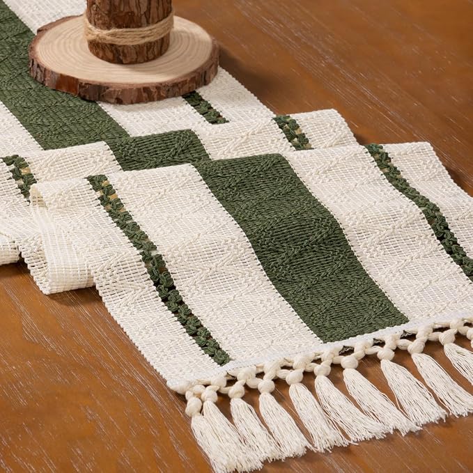 MLMW Boho Table Runner 40 inches Olive Green&Ivory Small Coffee Table Runner - Image 4