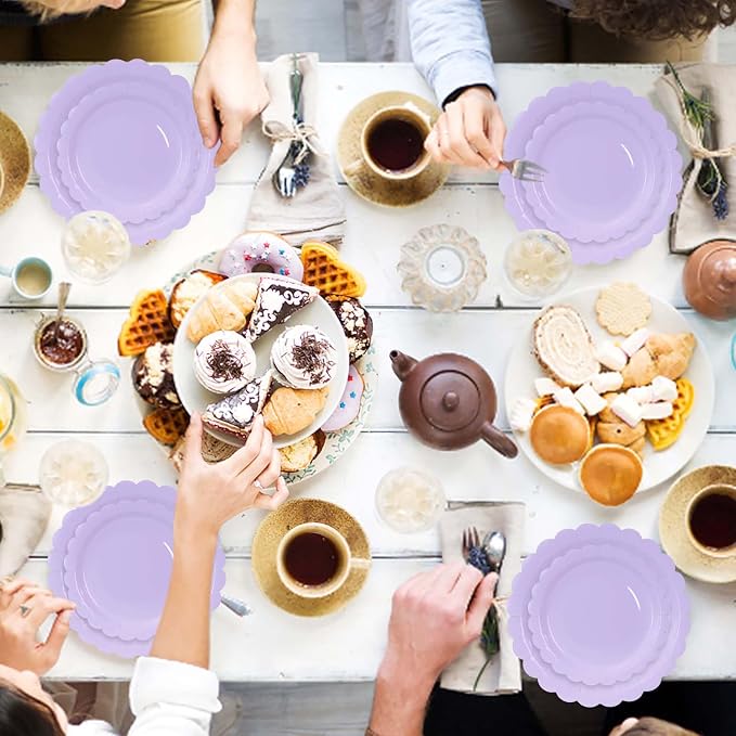 50 Pcs Light Purple Scalloped Paper Plates 25 × 7'' and 25 × 9'' Disposable - Image 2