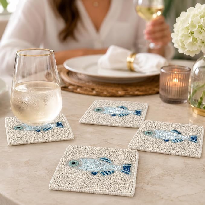 Coaster Set of 4, Handmade Beaded Bar Drink Tabletop Protection Coasters - Image 4