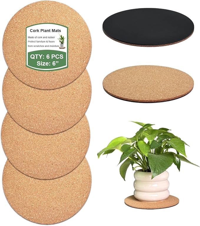 6 Inch Cork Plant Coasters, 6 Pack Round Plant Mats by vensovo