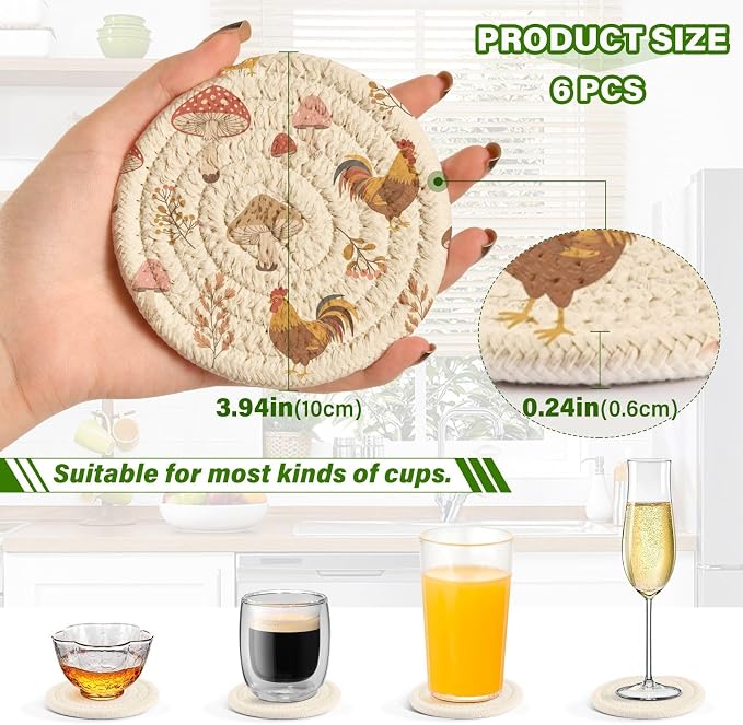 Fall Rooster Mushroom Beige Print Coasters - Image 3