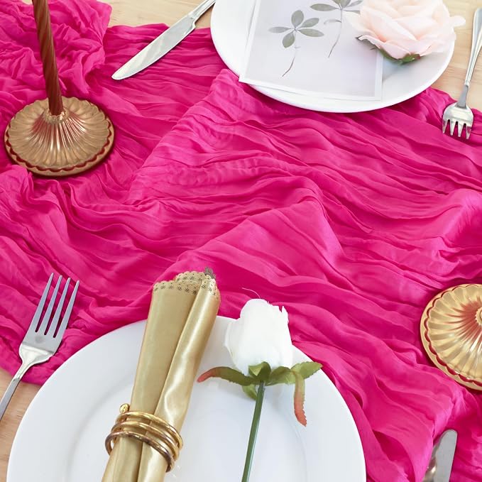 3 Pack Hot Pink Cheesecloth Table Runner 120 Inch Boho Wedding Decor | - Image 6