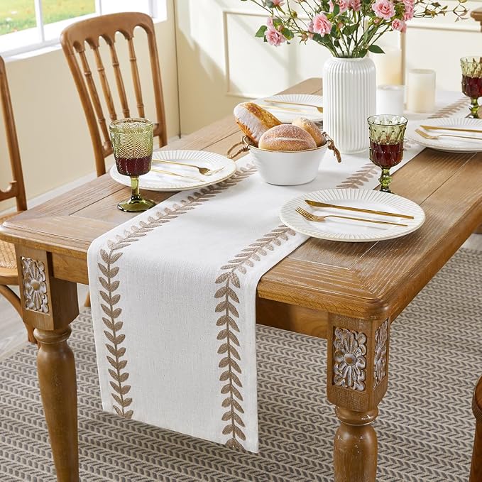 Linen Embroidered Table Runner, Taupe Table Runners 48 Inches Long | Linen - Image 4