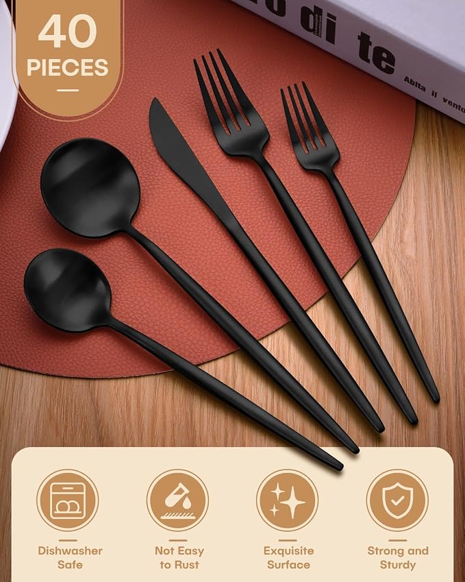 40-Piece Black Silverware Set for 8 Stainless Steel Flatware Set - Image 2