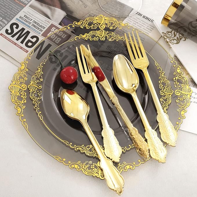Nervure 175Pcs Black Plastic Plates, Plastic Dinnerware Set - Image 8