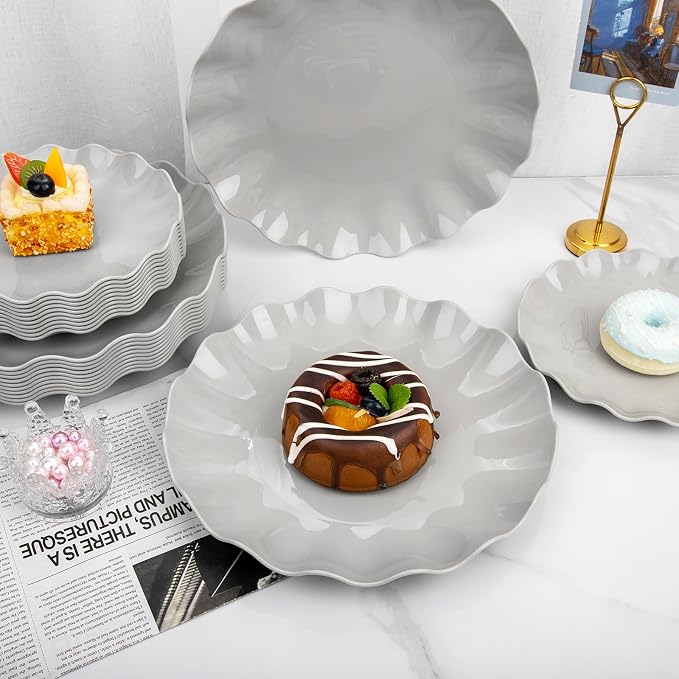 LIYH 24 Pcs Plastic Grey Scalloped Plates Reusable, Unbreakable Dinner Plate - Image 6