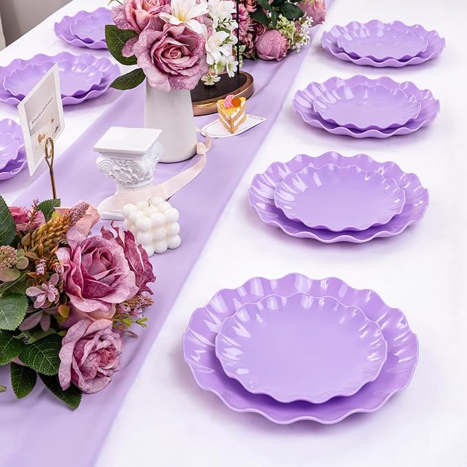 LIYH 24pcs Purple Plastic Plates Reusable, Unbreakable Dinner Plates, Scalloped - Image 3