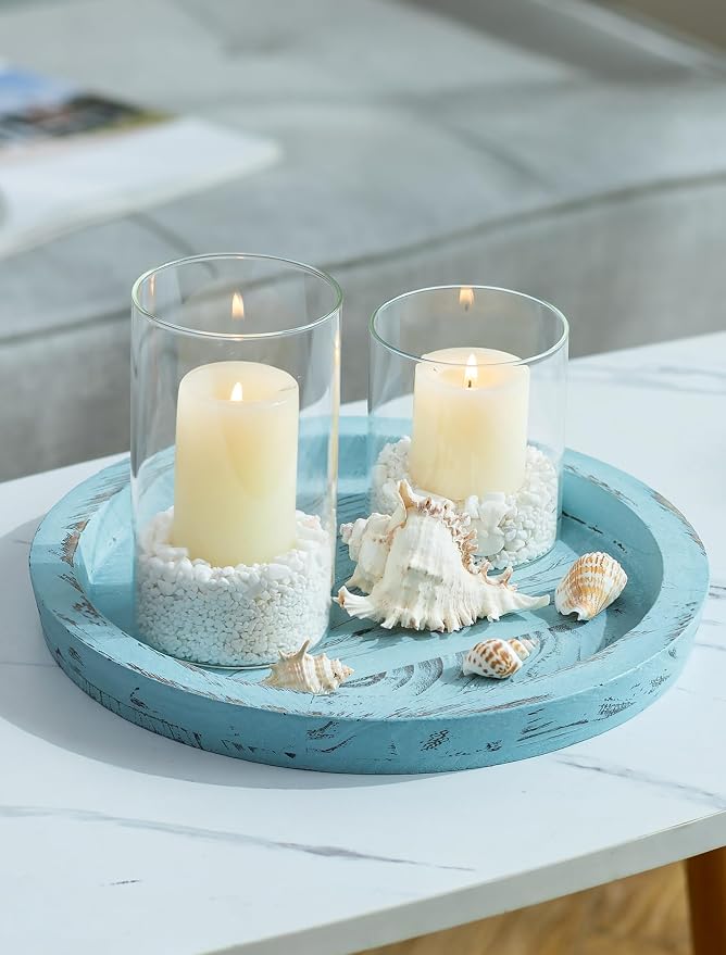 Hanobe Round Wood Candle Holder Tray, Ocean Blue Coastal Coffee Table Decor | - Image 3