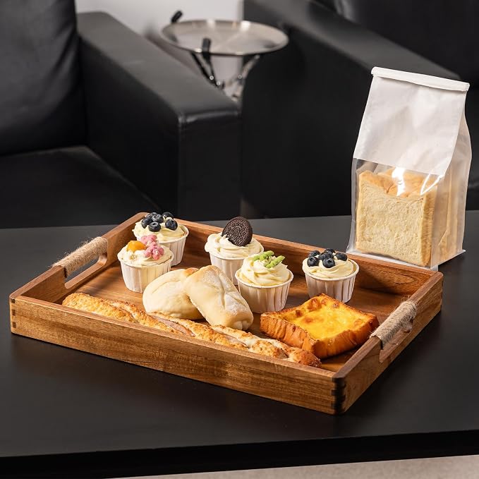 16.5 x 12 Inches Acacia Wood Serving Tray, Large Wooden Food Trays - Image 5