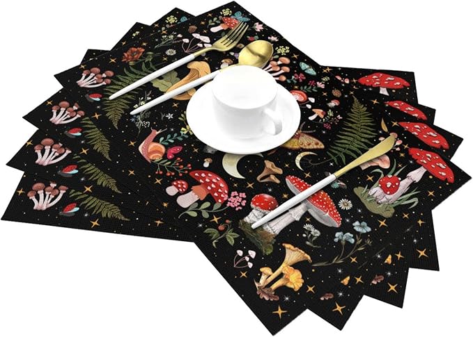Mushroom Placemats Set of 4, Moth Gothic Witchy Table Mats, Heat Resistant - Image 3