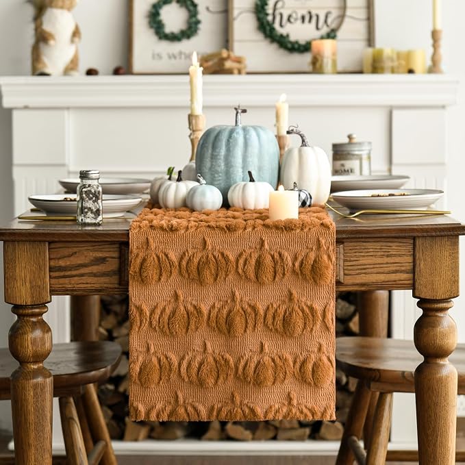 Artoid Mode Caramel Soft Faux Fur Pumpkins Fall Table Runner 13x120 Inch | - Image 6