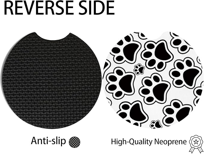 2pcs Black Dog Paw Print Car Coasters, Absorbent Universal neoprener Cup Holder - Image 4