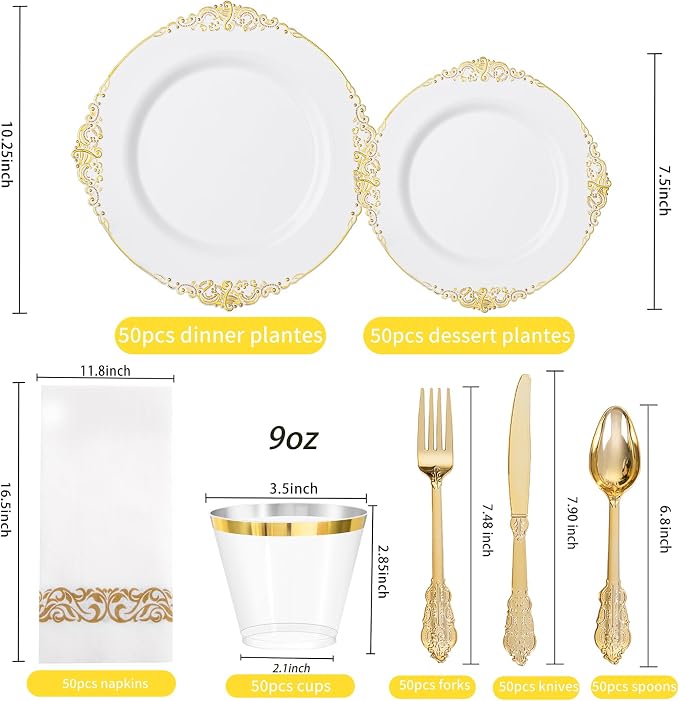 350 Pcs White Gold Plates for Wedding | White Party Plates Set for 50 Guests - Image 2